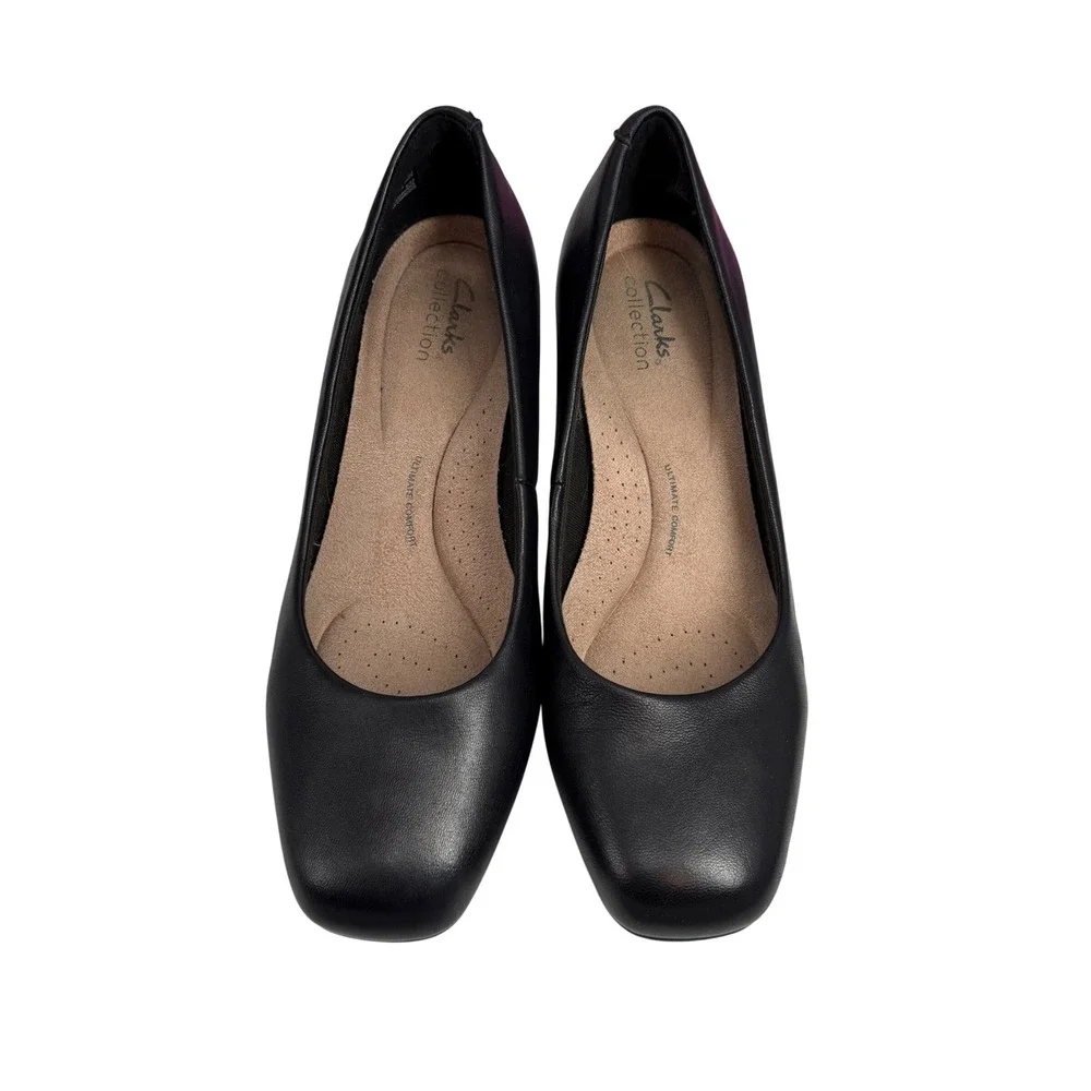 Clarks Collection Black Leather Square Toe Block Heel‎ Pumps Womens 8W